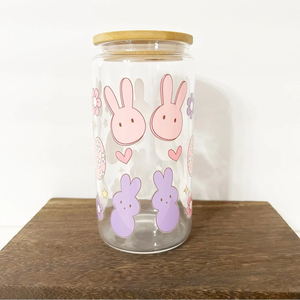 Cute Bunny and Flower Libbey Glass Can with Bamboo lid and Straw
